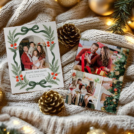 Cartão De Festividades Green Ribbon Holiday Card with Photo Grid on Back