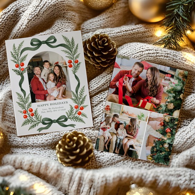 Cartão De Festividades Green Ribbon Holiday Card with Photo Grid on Back (Criador carregado)