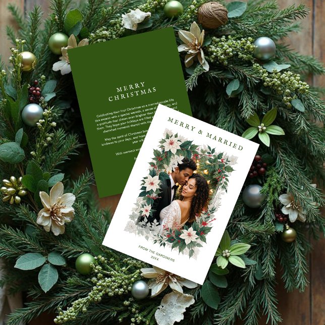 Cartão De Festividades Green Romantic Christmas Botanical Frame Photo (Green Romantic Christmas Botanical Frame Holiday Cards with Photo and for First Christmas Married.)