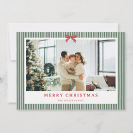 Cartão De Festividades Green Stripe Red Bow Christmas Photo Holiday Card 