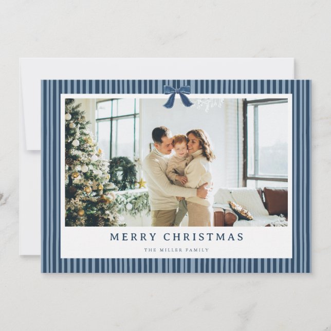 Cartão De Festividades Green Stripe Red Bow Christmas Photo Holiday Card  (Frente)