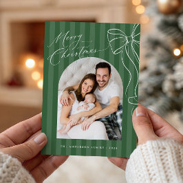 Cartão De Festividades Green Stripes Bow Christmas Photo Card