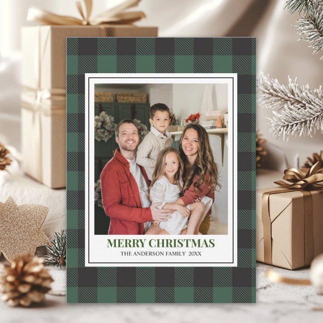 Cartão De Festividades Green Tartan Plaid with Christmas Family Photo (Criador carregado)