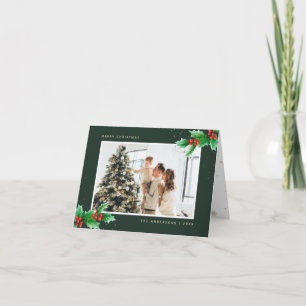 Cartão De Festividades Green Watercolor Holly Berries Foto de Natal