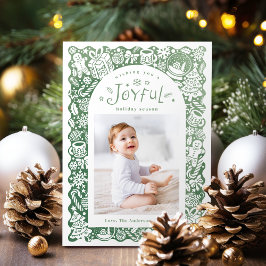 Cartão De Festividades Green Whimsical Hand Drawn Joyful Holiday Photo