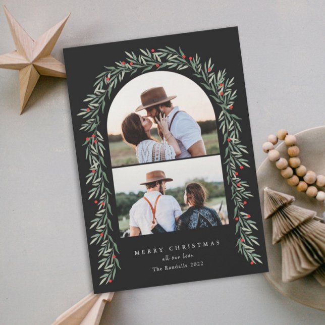 Cartão De Festividades Greenery Arch Modern Script 2 Foto Natal (Criador carregado)