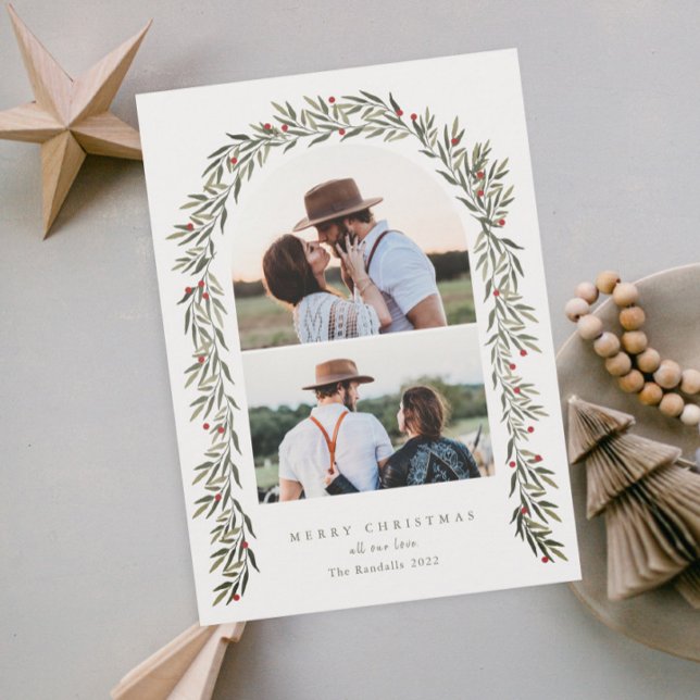 Cartão De Festividades Greenery Arch Modern Script 2 Foto Natal (Elegant greenery arch 2 photo christmas holiday cards.)