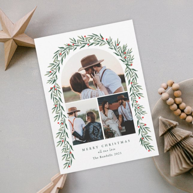 Cartão De Festividades Greenery Arch Modern Script 3 Foto Natal (Criador carregado)