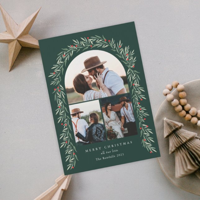 Cartão De Festividades Greenery Arch Modern Script 3 Foto Natal (Criador carregado)