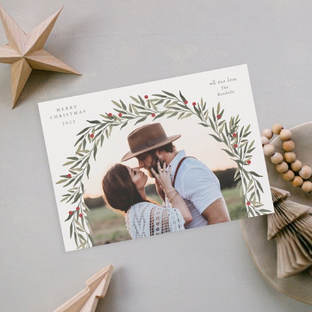 Cartão De Festividades Greenery Arch Modern Script Foto de Natal (Elegant greenery arch photo christmas holiday cards.)