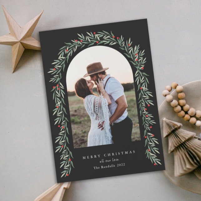 Cartão De Festividades Greenery Arch Modern Script Foto de Natal (Criador carregado)
