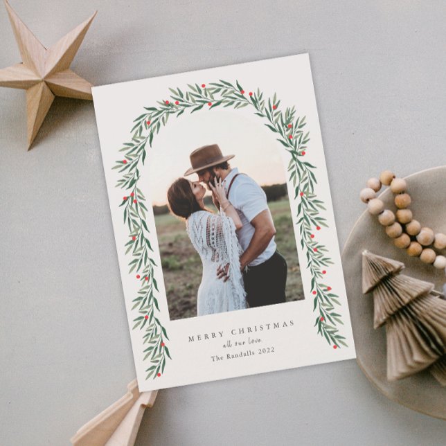 Cartão De Festividades Greenery Arch Modern Script Foto de Natal (Criador carregado)