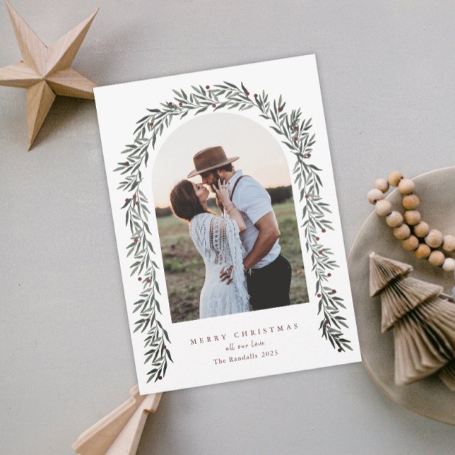 Cartão De Festividades Greenery Arch Modern Script Foto de Natal (Criador carregado)