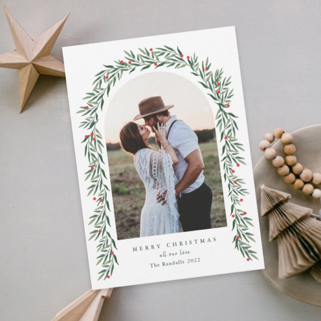 Cartão De Festividades Greenery Arch Modern Script Foto de Natal (Criador carregado)