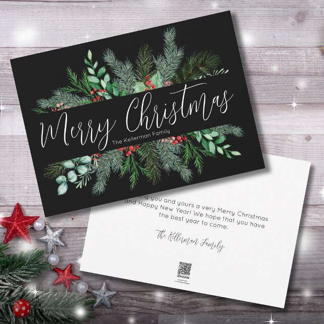 Cartão De Festividades Greenery Black Christmas (Greenery Red Green Black Merry Christmas Holiday Card)