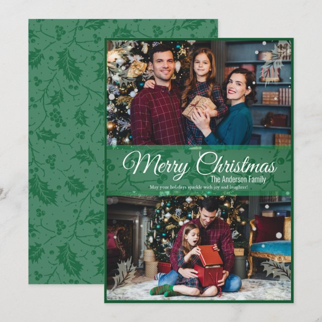 Cartão De Festividades Greenery Christmas Holly Leaf Green Frame 2 Foto (Frente/Verso)
