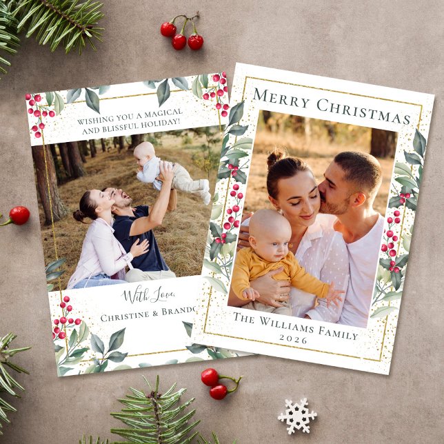 Cartão De Festividades Greenery Dourado Natal Holly Berries 2 Foto (Criador carregado)