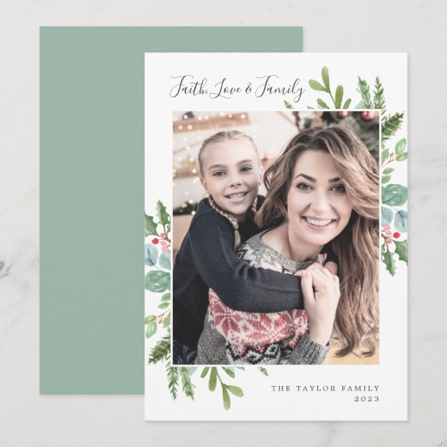 Cartão De Festividades Greenery Faith Love and Family Photo (Frente/Verso)