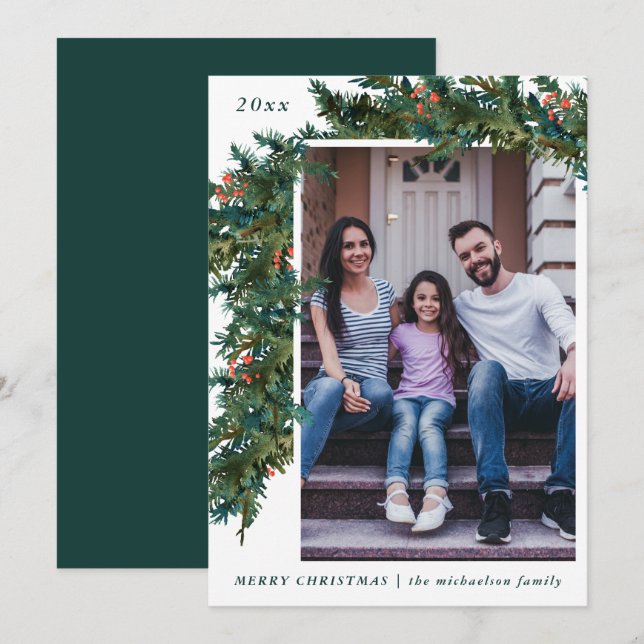 Cartão De Festividades Greenery Garland e Dark Teal Photo Holiday (Frente/Verso)