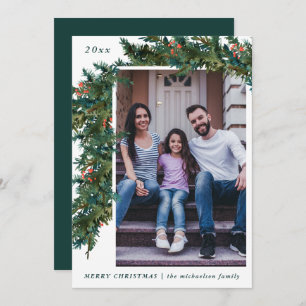Cartão De Festividades Greenery Garland e Dark Teal Photo Holiday