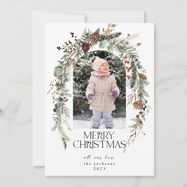 Cartão De Festividades Greenery Rustic de Natal Berries Lotus Foto (Frente)