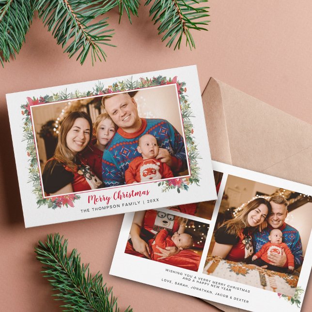 Cartão De Festividades Greenery Watercolor Script Photo Collage Natal (Criador carregado)