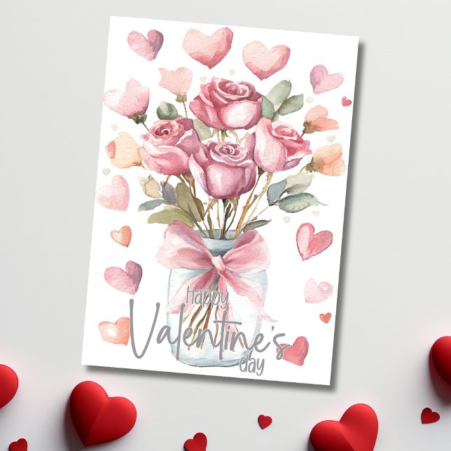 Cartão De Festividades Grey pink rose jar Happy Valentines Day (Criador carregado)