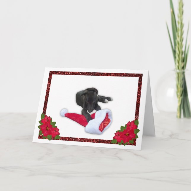 Cartão De Festividades Greyhound Puppy com Papai Noel de Natal (Frente)