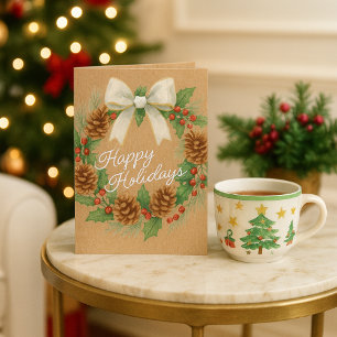 Cartão De Festividades Grinalda de Dezembro com Aquarela de Laço Branco