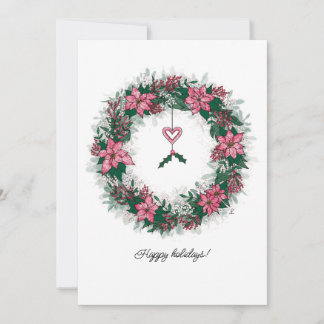 Cartão De Festividades Grinalda de Férias com Poinsettia Rosa e Branca