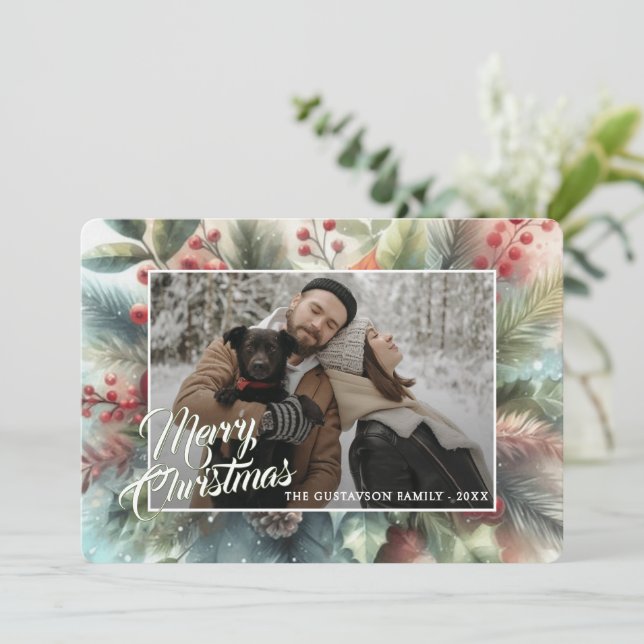 Cartão De Festividades Grinalda de Férias de Flores Vermelhas Chic e Tend (Em pé/Frente)