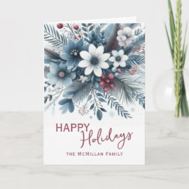 Cartão De Festividades Grinalda de Férias Floral Azul Escuro Clássico com