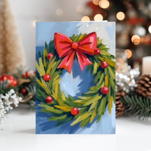 Cartão De Festividades Grinalda de Natal com Laço Vermelho   Aquarela