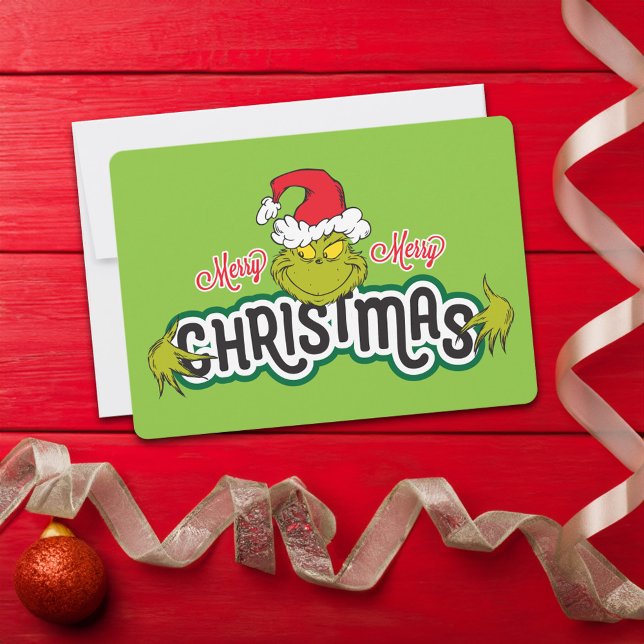 Cartão De Festividades Grinch Clássico | Feliz Feliz Natal (Card on table)