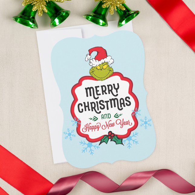 Cartão De Festividades Grinch Clássico | Feliz Natal e Feliz Ano Novo (Card on table)