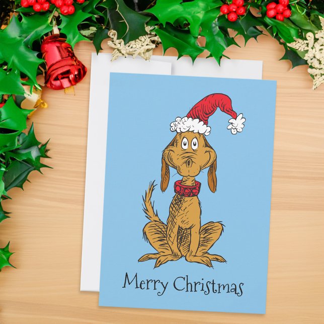 Cartão De Festividades Grinch Clássico | Max - Chapéu de Papai Noel (Card on table)