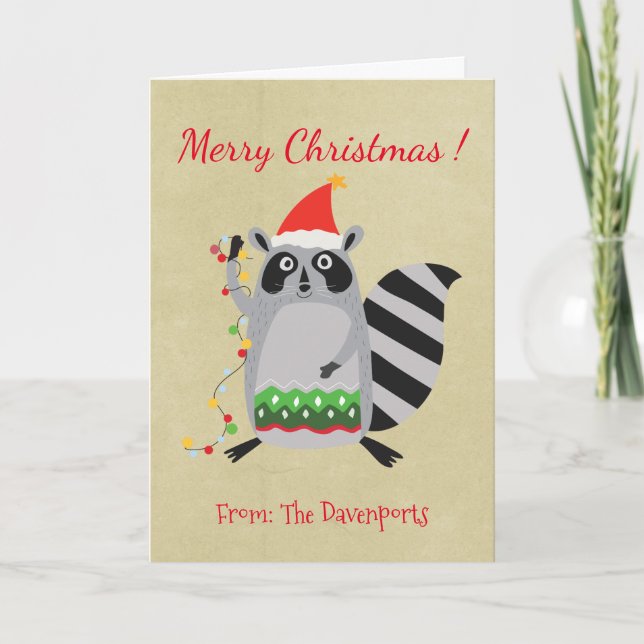 Cartão De Festividades Guaxinim no chapéu do papai noel Tangled acima em (Frente)