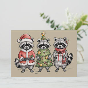 Cartão De Festividades Guaxinins de Natal Trio da Floresta Árvore do Papa