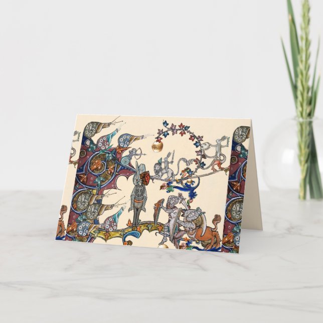 CARTÃO DE FESTIVIDADES GUERRA MEDIEVAL ESTRANHA BESTIAL, NOITES, ESQUILOS (Frente)