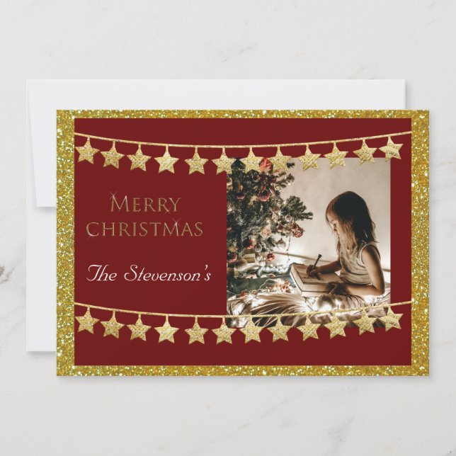 Cartão De Festividades Guirlanda de Estrela de Natal Foto Vermelho Nome P (Frente)
