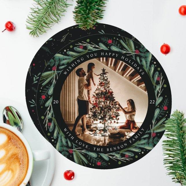 Cartão De Festividades Guirlanda de Férias Festivas Folhas Bagas Círculo  (Criador carregado)