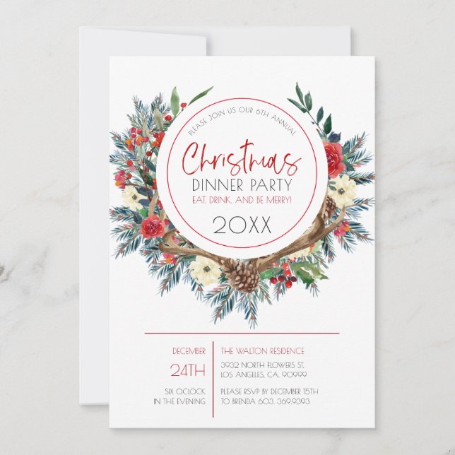 Cartão De Festividades Guirlanda de flores de Natal com galhadas de veado (Frente)