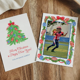 Cartão De Festividades Guirlanda de Futebol de Natal em Aquarela & Foto d