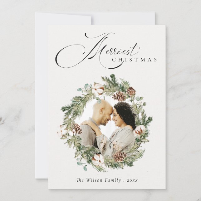 Cartão De Festividades Guirlanda de Natal de Pinheiro de Algodão Rústico (Frente)