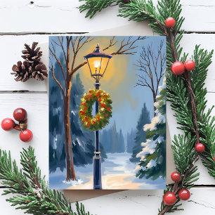 Cartão De Festividades Guirlanda de Natal Lampada de Rua Nevada Aquarela