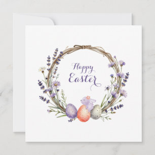 Cartão De Festividades Guirlanda de Páscoa em Aquarela Lavanda Ovos Coelh