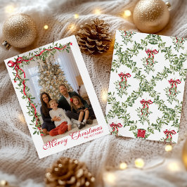 Cartão De Festividades Guirlanda de visco com laço vermelho em aquarela