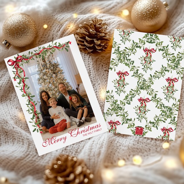 Cartão De Festividades Guirlanda de visco com laço vermelho em aquarela (Criador carregado)