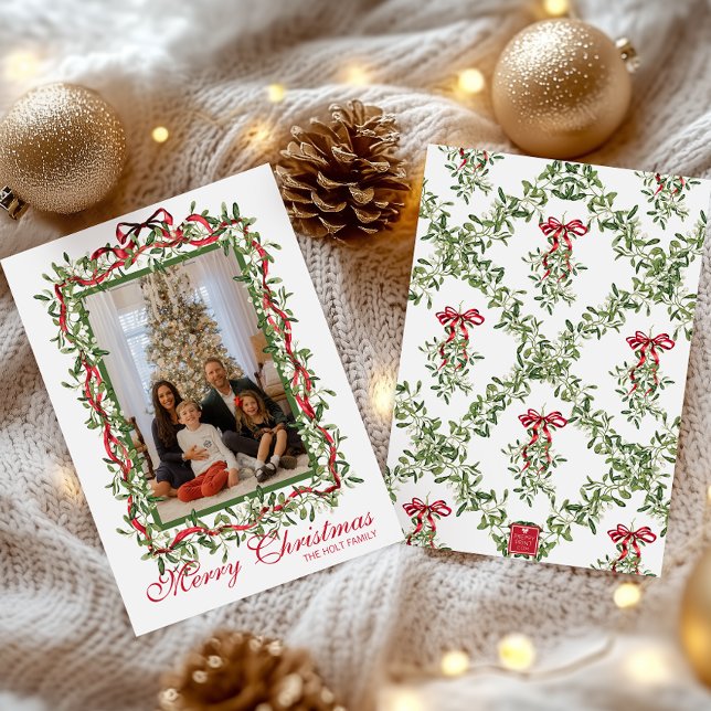 Cartão De Festividades Guirlanda de visco com laço vermelho em aquarela F (Criador carregado)