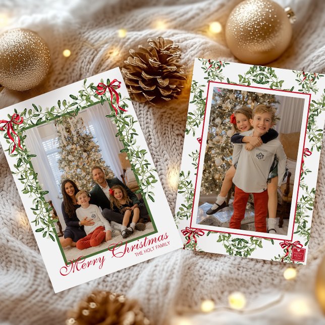 Cartão De Festividades Guirlanda de visco de arco vermelho em aquarela Fo (Criador carregado)